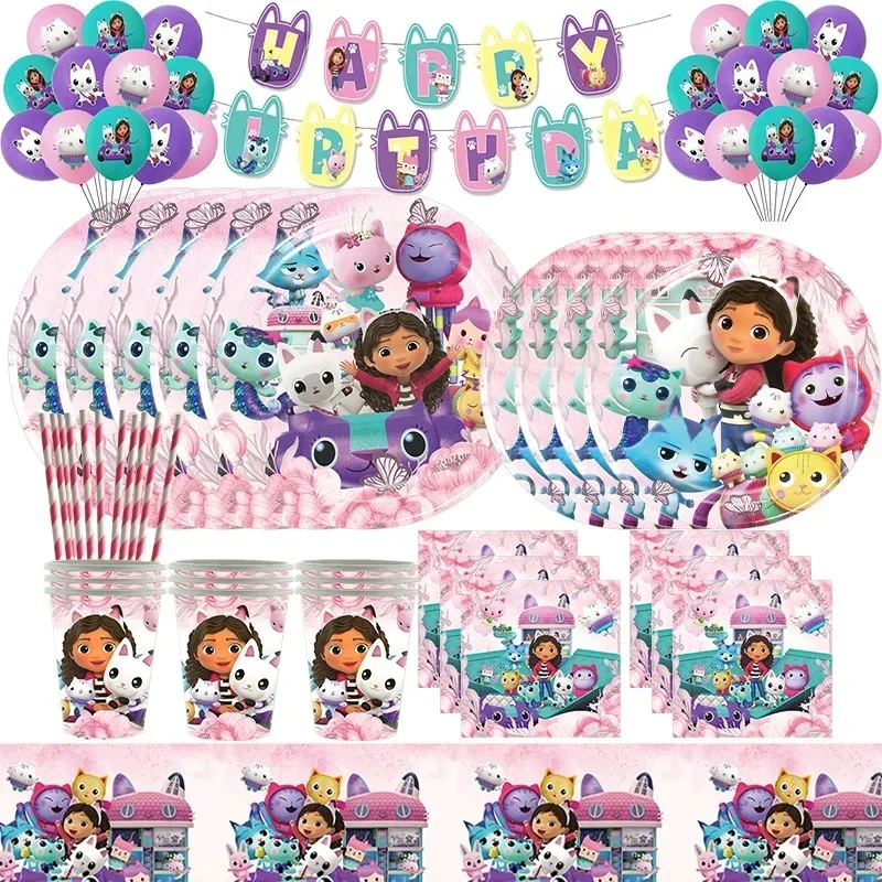 AliExpress - New Gabby Dollhouse Cats Birthday Party Decoration Balloons Tableware Cups Plate Napkin Kit Decor Girls Favors Birthday Supplies