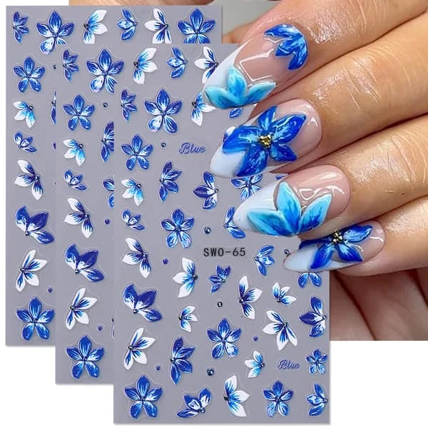 Blomster Neglekunst Klistermærker Forår Blå Hvid Lilje Blomster Negle Klistermærker 3 STK 5D Prægede Blomster Negle Selvklæbende Mærkater Manicure 