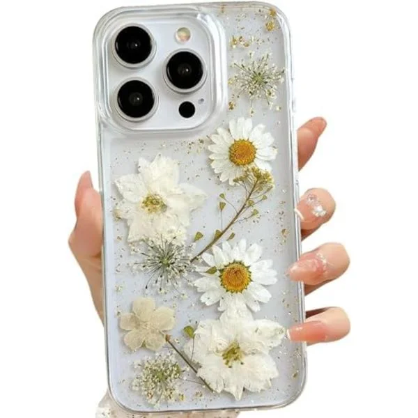 iPhone 13 Pro Transparent Skal med Pressede Ægte Blomster Design, Glitter Sød Hvid Blomstret Mønster Slankt Blødt TPU Beskyttende Kvinde