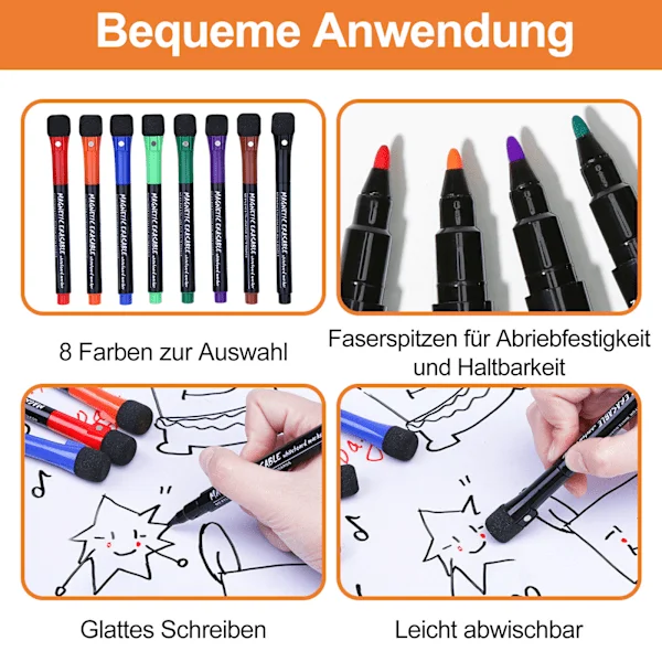 Giftfrie tusjer med tynn spiss for whiteboard, magnetisk tusj med luktsvak blekk for trygg bruk, 8 livlige farger, forsterkede magnetiske hetter, 
