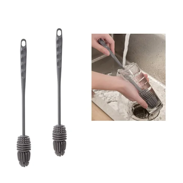 (Grå) 2-pack silikonrengöringsborstar med långt handtag för rengöring av nappflaskor, tekoppar, termosar och sportflaskor etc.