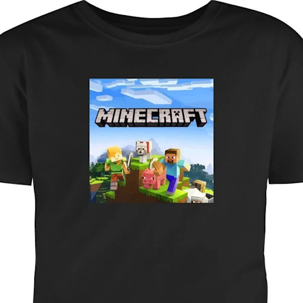 T-shirt til Voksen | Klassisk Voksen T-shirt Sort Stor Farverigt motiv med Minecraft-karakterer, dyr og klodset verden i klassisk spillemiljø