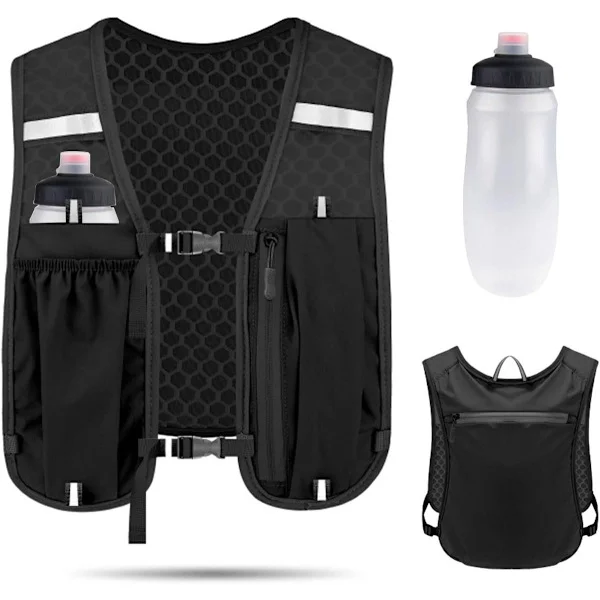Reflective Running Vest Running Vest Running Vest with Reflective Strips Comes with 500ml Water Bottle Running Vest with Water Bottle Pocket Black-FO-