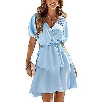Women's Dress High Elastic Waist Cutout Ruffle Hem Short Lantern Sleeve V-Neck Solid Color Summer Dress Size M