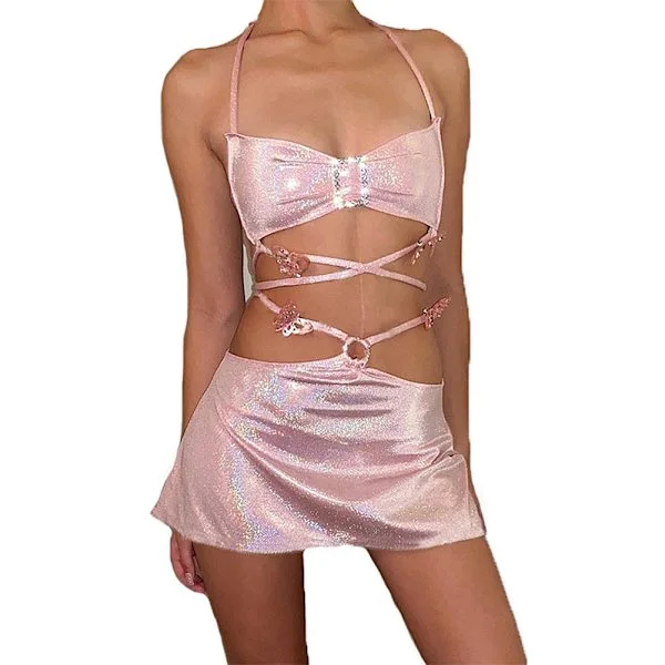 Skinnende Mini Nederdel Sæt Dame, Sideløbegang Højtaljet Slå-om Nederdel med Bindebånd Halter Top, Wet Look Holografisk Todelt Outfit til