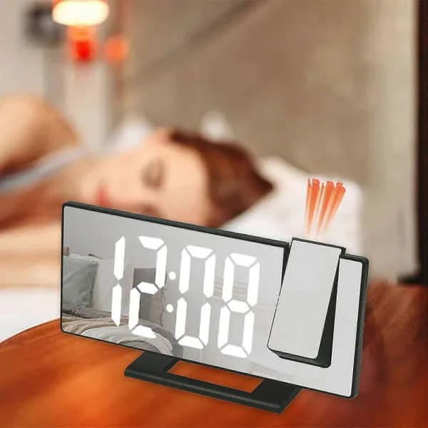 Väckarklocka med projektion för sovrum, LED digital klocka projicerad på takväggen, 180 projektor och dimmer, spegeldesign, snooze, 3-hast (FMY)
