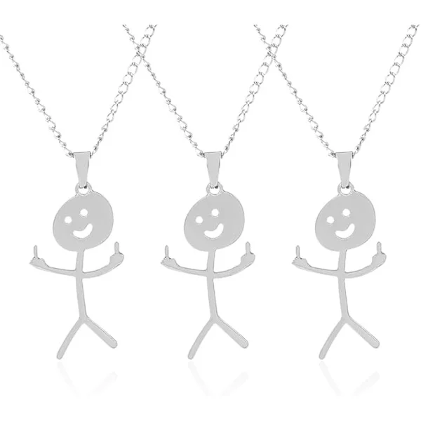 3 Deler Morsomme Doodle-Halskjeder, Sølv Smilende Langfinger Halskjede, Sølv Smilende Langfinger Halskjede