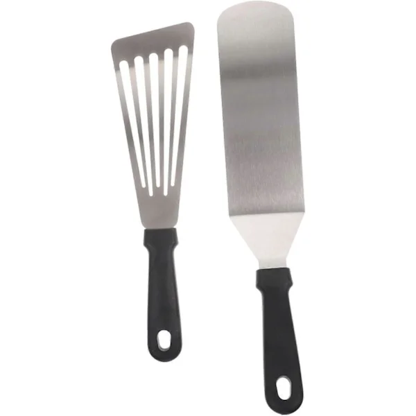 Set med 2 grillredskap i rostfritt stål, värmebeständig köksspatel och professionell skrapa för grill och stekbord