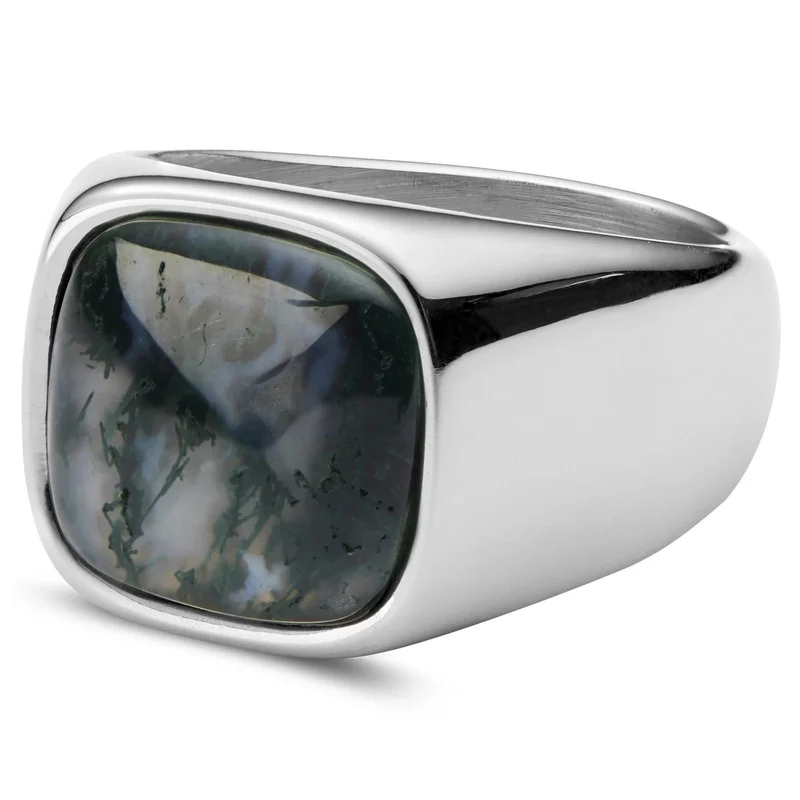 Aras | Silver-tone Stainless Steel Moss Agate Pinky Signet Ring for Men - Rings with stones