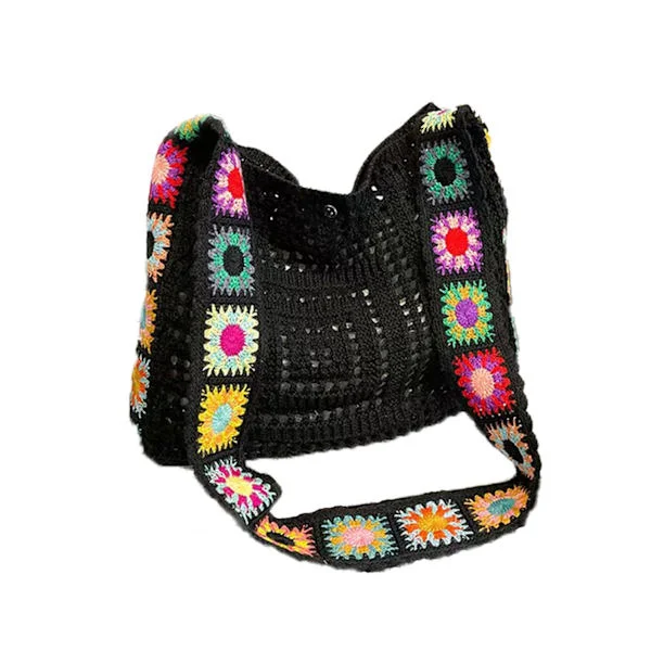 Boho Bag for Women, Crocheted Knitted Tote Bag with Cut-Out Design - Large Capacity Crossbody Shoulder Bag for Summer & Beach black