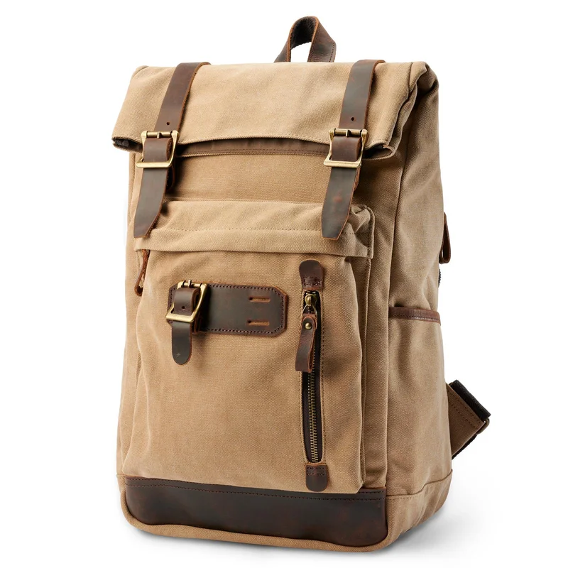 Rugged Vintage-Style Tan Canvas & Leather Backpack for Men - Backpacks