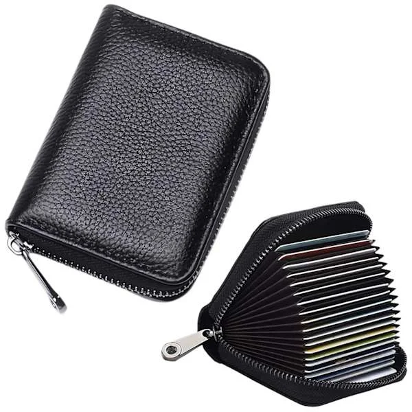 RFID Blocking Card Holder, Genuine Leather Accordion Wallet with Zipper Around for Secure Card Storage, Travel Wallet with Multiple Secure 
