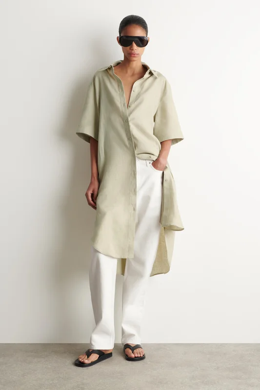 COS Women's Short Sleeve Linen Shirt Dress in Beige