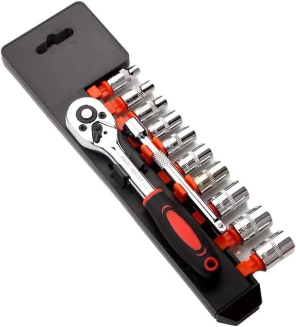 1/4'' Skrallepipeverktøysett, mekanisk verktøysett og pipesett med hurtigutløsende reversibel skrallehåndtak og forlengelsesstang, 12 stk sett