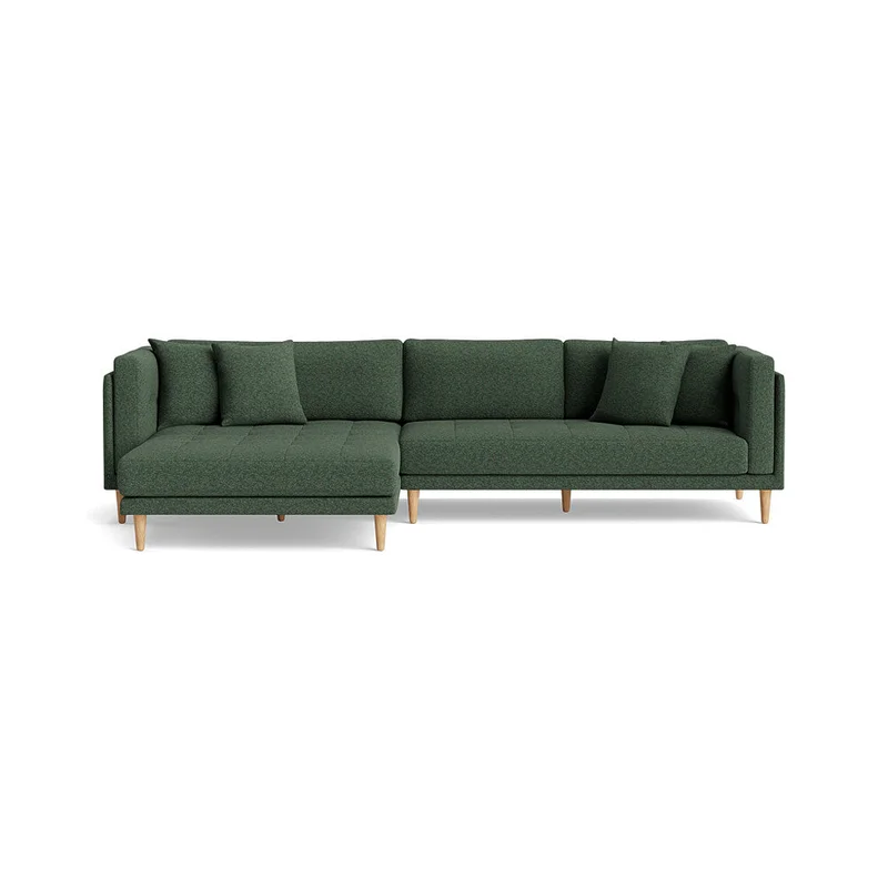 Cali Chaiselong Sofa, Venstrevendt - Hygge Grøn - 295x170x76cm - Dobbelt Chaiselong Sofa med Bøgetræsben & 4 Pyntepuder for Ekstra Komfort