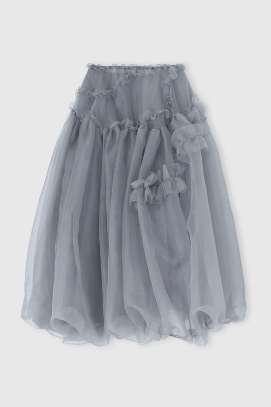 Ermanno Scervino Gonna a palloncino asimmetrica in organza tecnica grigia con stampa Principe di Galles