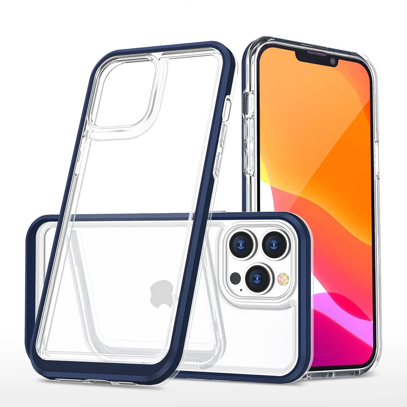Gjennomsiktig 3-i-1-etui for iPhone 14 Pro silikondeksel med ramme blå