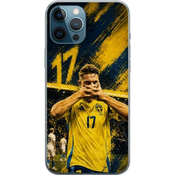 Kompatibel Mobilcover til Apple iPhone 12 Pro Max Viktor Gyökeres i en dramatisk fodboldillustration med blågule farver og nummer 17.