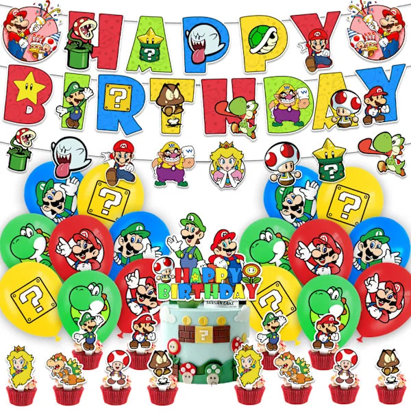 Super Mario Bros Film Tema Børnefødselsdag Fest Dekorationer Balloner Kit Banner Kage Cupcake Toppers Dekorationer Sæt db