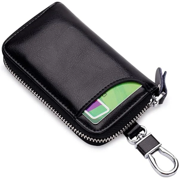 Genuine Leather Key Case Car Key Bag Key Pouch Portable Card Holder Keychain Wallet with 6 Hooks for Men Women Black