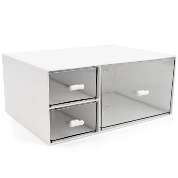 3-Tier Stackable Desk Organizer, White Plastic Storage Drawers with Multiple Compartments for Office Supplies, Makeup, and Bathroom Organization