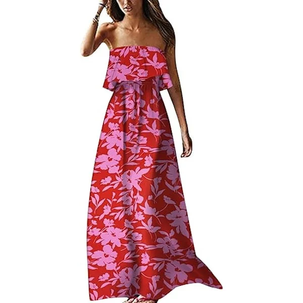 Dame Sommer Off Shoulder Maxikjole Volang Stroppeløs Blå Hvit Porselen Boho Uformell Løs Lang Kjole