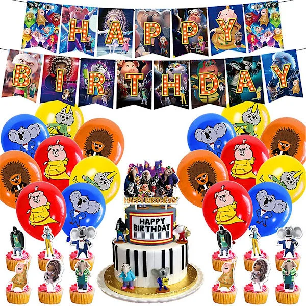 Sing 2 Födelsedag Dekorationer Set Cartoon Tema Födelsedag Dekorationer Ballonger Tårta Topper Banners (FMY)