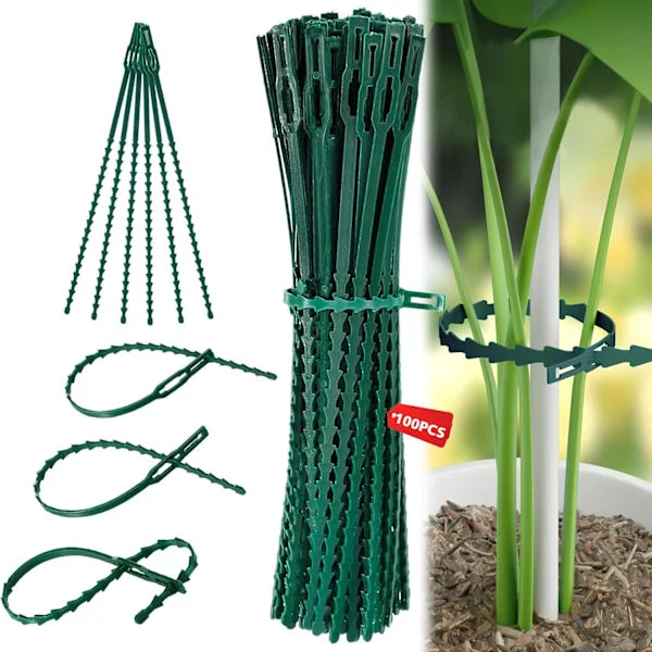Plantband, Justerbara Trädgårdsväxtband, Universella Band, Snabba Plastband kompatibla med Växtstöd, Återanvändbara 100 st (Grön)