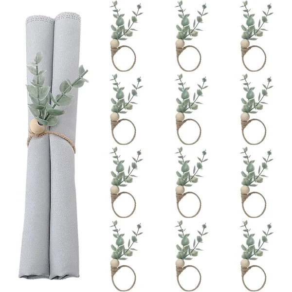 Servettringar Set om 12 Bondgårds Servettringar Eukalyptus Servettringar Trä Servettringar Vår Rustika Gröna Blad Servettringar för Thanksgiving Påsk
