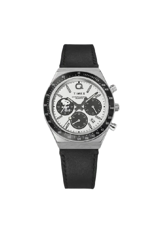 Timex Q Chronograph X Peanuts Snoopy Herr, Silver/svart Läderrem - Tw2w68900 Klockor Herr 40 mm