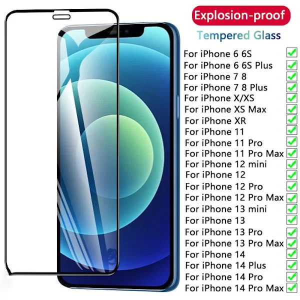9D Full Cover Skyddsglas kompatibelt med iPhone 14 13 12 11 Pro Max Skärmskydd kompatibelt med iPhone 6 7 8 Plus X XS Max XR MINI Glas