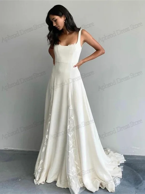 AliExpress - Elegant Wedding Dresses Satin A-Line Bridal Gowns Lace Appliques Square Collar Robes For Formal Party Graceful Vestidos De Novia