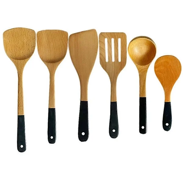 6 stk. stekespade sett med bøkfarget håndtak, non-stick stekespade, stekespade, treskje W