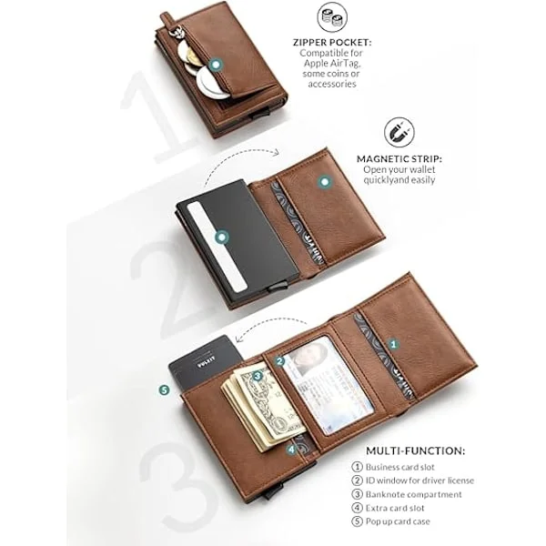 #Brown RFID Anti-Counterfeiting Card Case Bifold Leather Wallet with Zipper Bank Credit Card Holder for Men's Banknotes and Coins -#