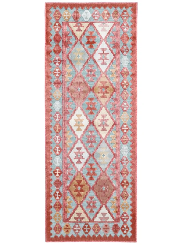 Washable Indoor/Outdoor Rug Geometric Saga Kilim Turquoise/Multicolor Runner Small Oeko-Tex