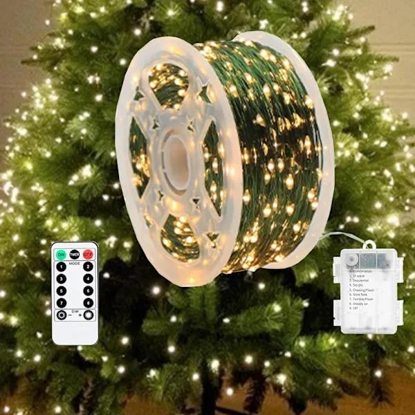 QU-LED Juletrelys, Batteridrevet, Juledekorasjon med 100/200/300 LED-lys for Hage, Terrasse, Bryllupsdekorasjoner (Varmhvit, 20m)-FX-