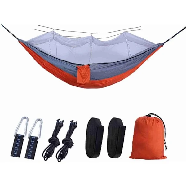 Automatisk Snabbt Öppningsbar Hängmatta med Myggnät Portabel Utomhus Camping Hängmatta Anti-Vältning Nylon Hängmatta, 260x140cm Orange och Grå