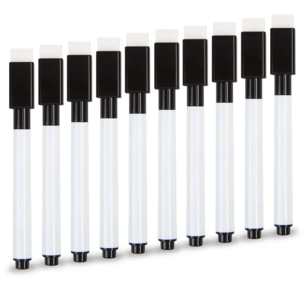 Små whiteboard tusser, 10 stk. sorte whiteboard tusser med viskelæder, fine whiteboard tusser