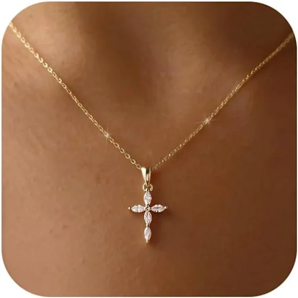 Women's Cross Necklace, Dainty 14K Gold Silver Plated Cross Pendant Necklace, Christian Religious Baptism Faith Charm Trendy Jewelry Gift[TT]