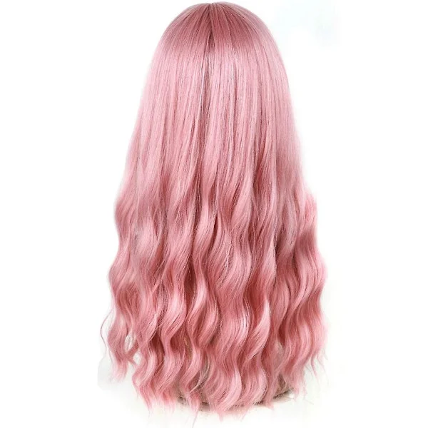 [SC]Rosa peruk med lugg, lång vågig peruk med luftlugg, silkeslen full värmebeständig peruk, hårersättning, naturlig look peruk