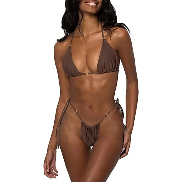CDQ Sexy halterneck string bikini sett i én farge Brun MCDQ
