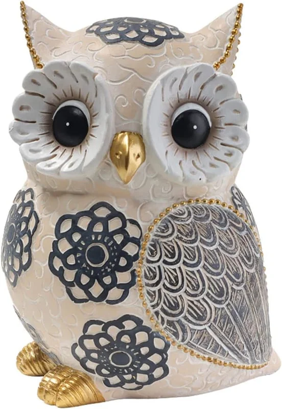 Ugglafigur, hartsstatyett föreställande en uggla, perfekt för att dekorera ett vardagsrum, TV-bänk, bord eller skrivbord. Perfekt present. Beige färg.