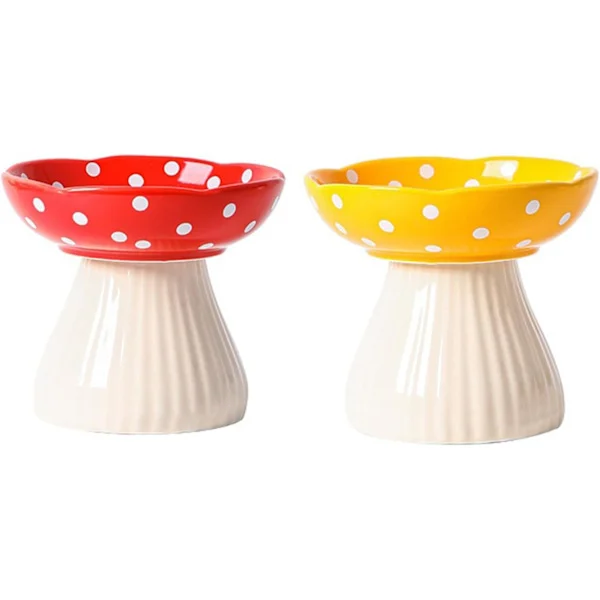 Raised Cat Bowl, Cute Mushroom Cat Bowl for Water, Raised Cat Bowl for Food, Ceramic Cat Bowls for Food and Water, 2 Pcs (Red & Yellow)
