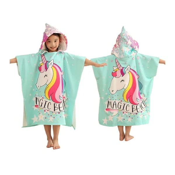 Badehåndkle Poncho med Hette for Barn Gutter Jenter Svømmeovertrekk Kappe Brukbar med Trykknapper