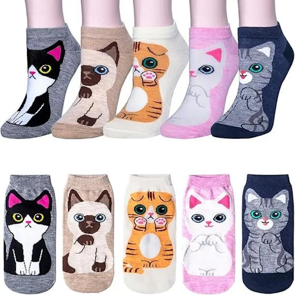 5 par dam ankelstrumpor, söta djur, katt, hund, roliga bomullsstrumpor, damstrumpor för kvinnor, flickor, presenter, katt