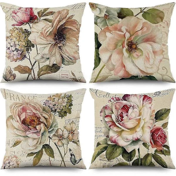 Sæt med 4 Retro Rose Blomst Beige Sofapuder Vaskbart Polyester Hør Tekstil Dekorativ - ya01 (Fww)