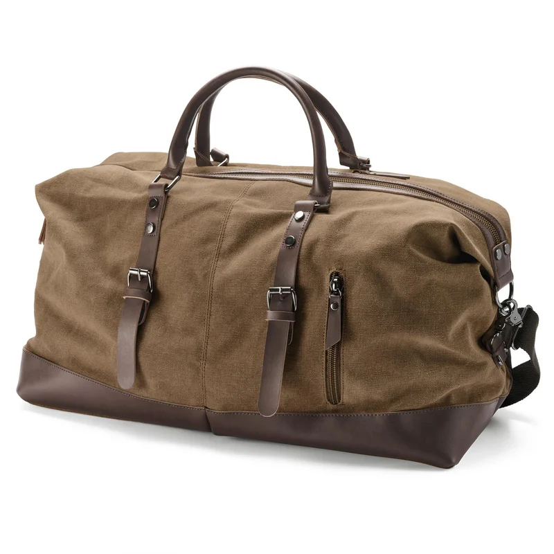 Vintage Karamelbruine Canvas en Bruine Leren Weekendtas voor mannen - Duffel bags