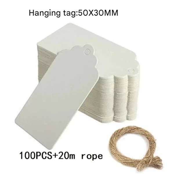 Kraftpapperspresentetiketter med jutesnöre, tomma hängande etiketter för presenter, hantverk och prismärkning, vit, 100-pack 5 x 3 cm