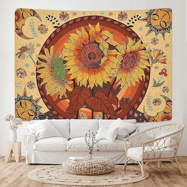 Veggdekor 150x130cm Solsikke Sol og Måne Veggteppe Vintage Blomster Veggteppe Bohemsk Veggteppe Mandala Veggteppe Retro Gul Veggteppe Veggbonad