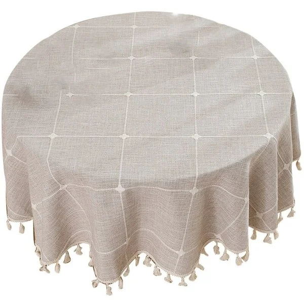59 inch Rustic Tablecloth for Outdoor Wrinkle-Free Round Tables for Embroidered Tablecloths (Brown Grid)